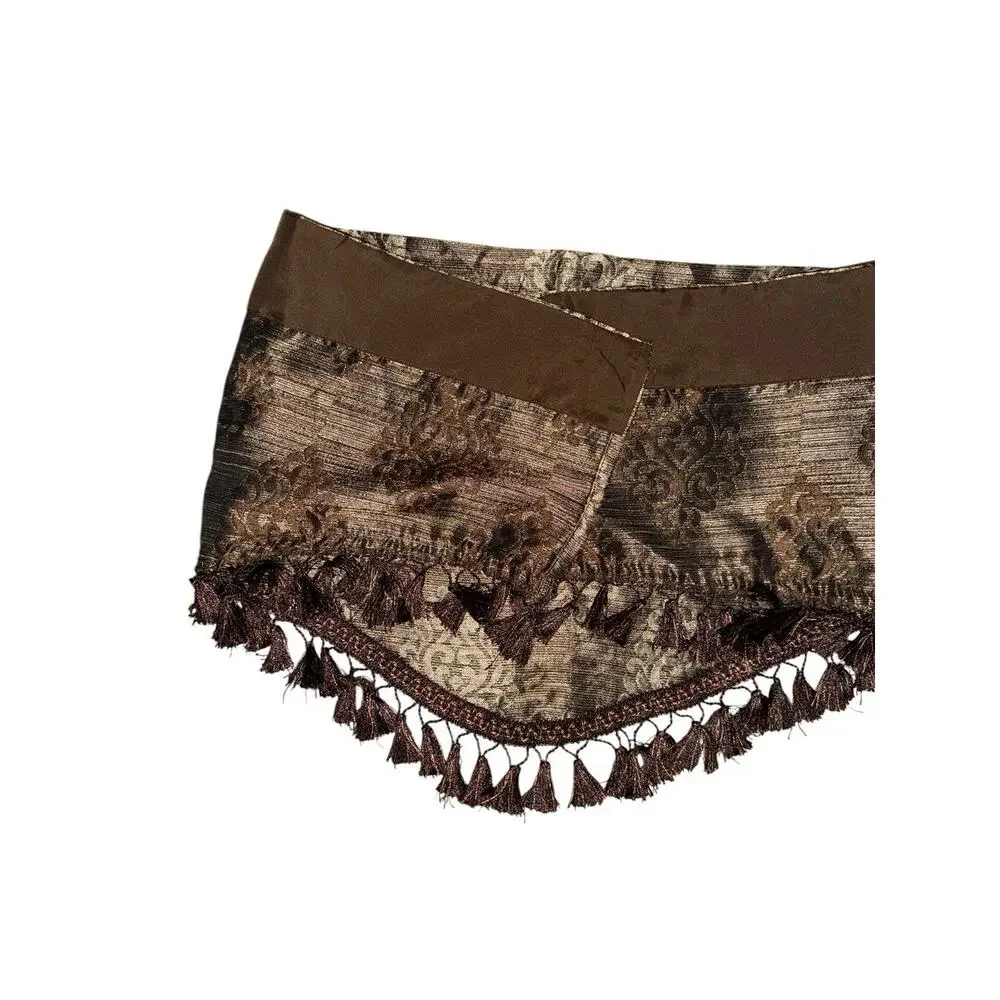 Single Fancy Faux Silk Valance Short Curtain Dark Chocolate Brown Fringe Trim